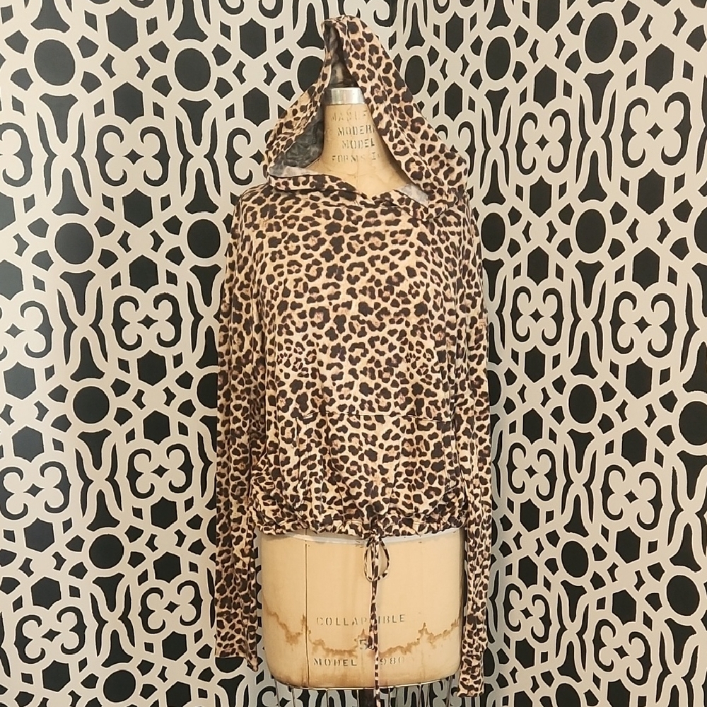 Socialite Leopard Print Hooded Top w/ Drawstring Cinched Waist Sz XL